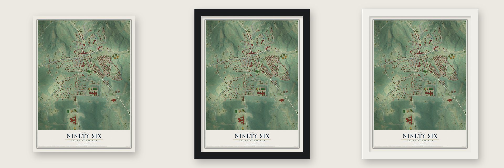 Ninety Six, South Carolina map unframed, in a black wood frame and in a white wood frame