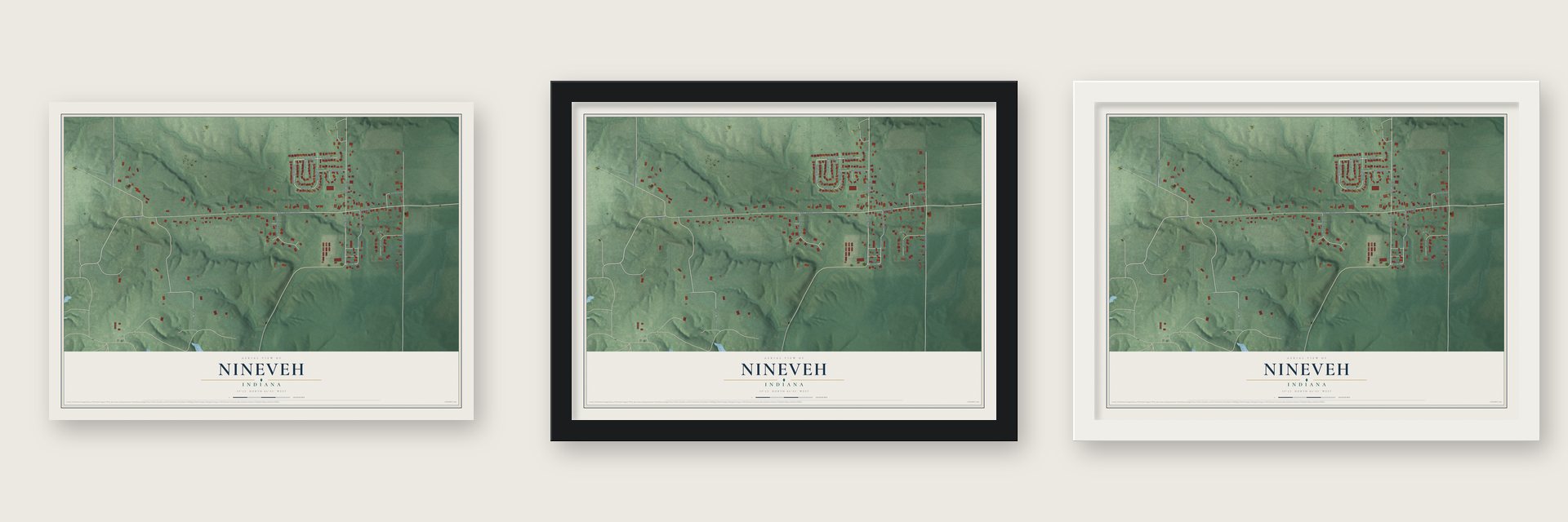 Nineveh, Indiana map unframed, in a black wood frame and in a white wood frame
