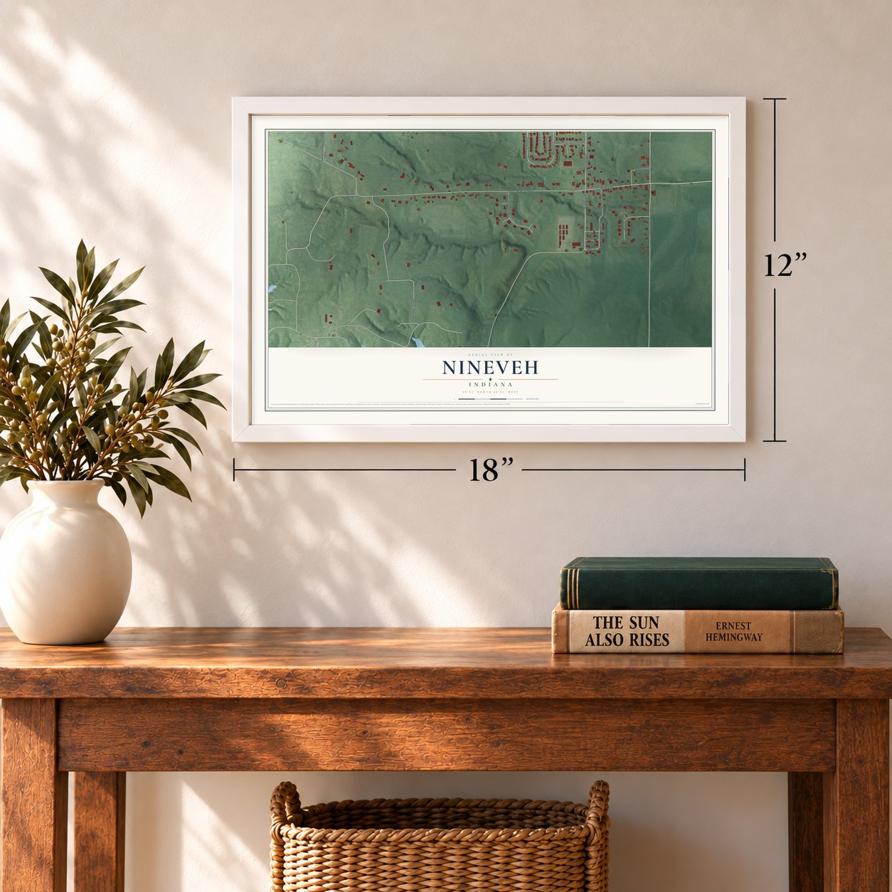 Nineveh, Indiana map, 12 x 18 inch print in a white frame in an entryway