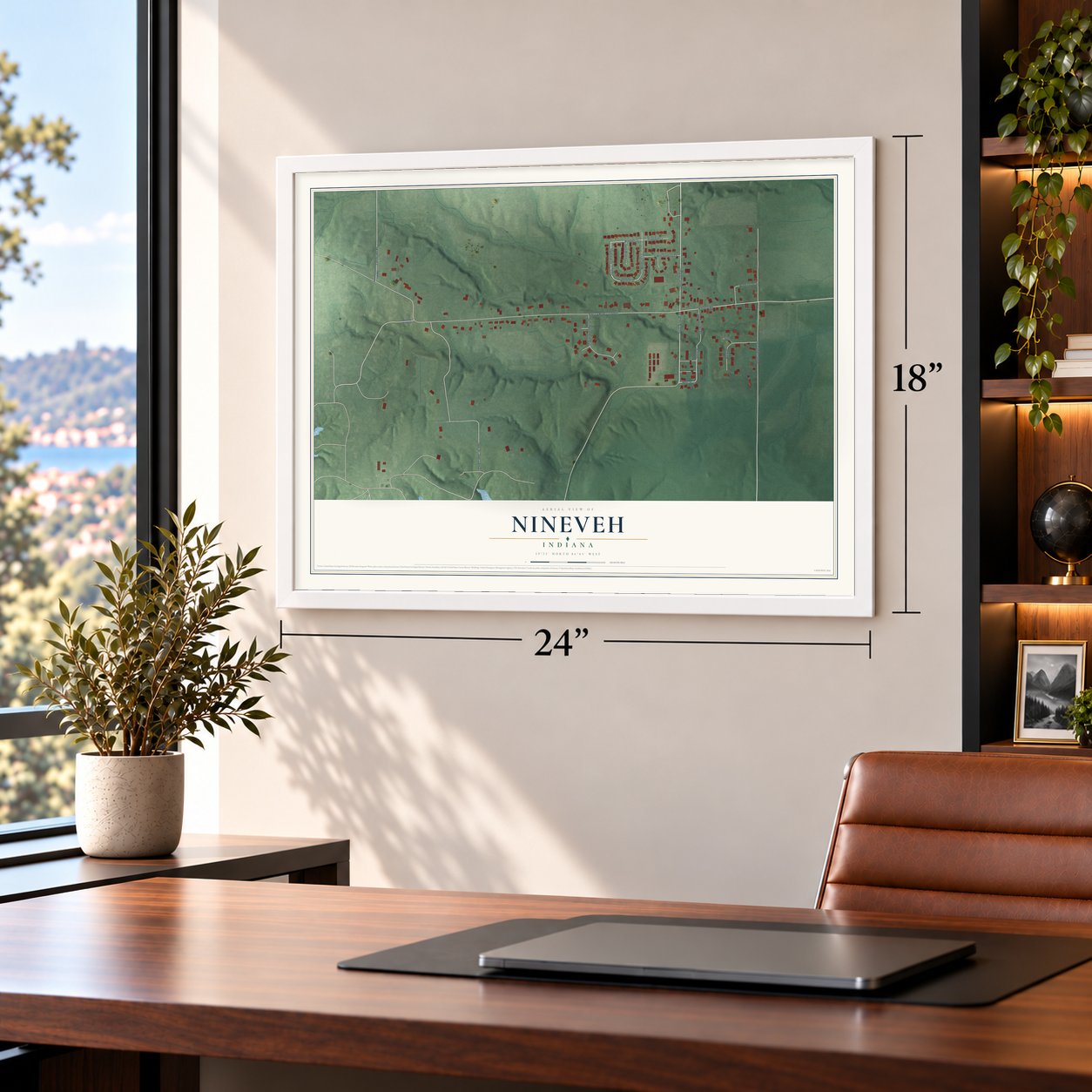 Nineveh, Indiana map, 18 x 24 inch print in a white frame in a home office