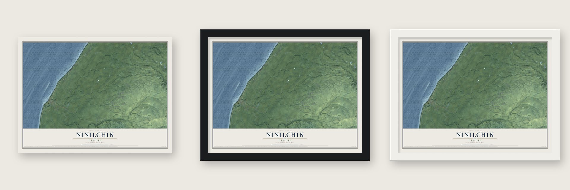 Ninilchik, Alaska map unframed, in a black wood frame and in a white wood frame