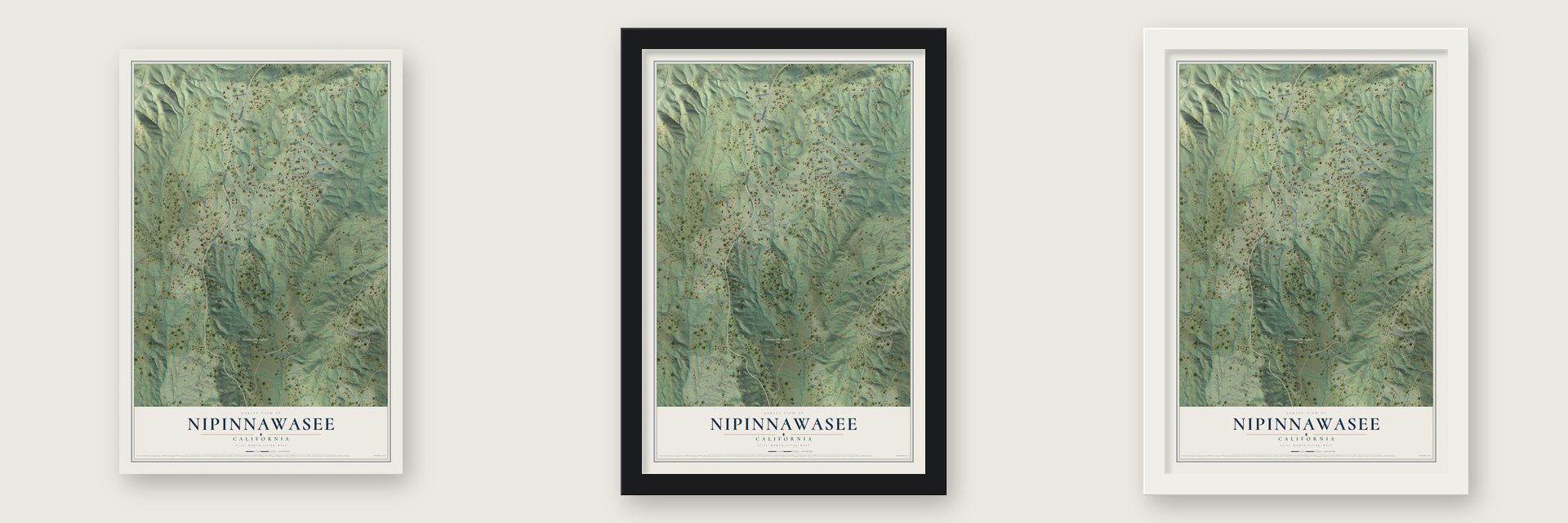 Nipinnawasee, California map unframed, in a black wood frame and in a white wood frame