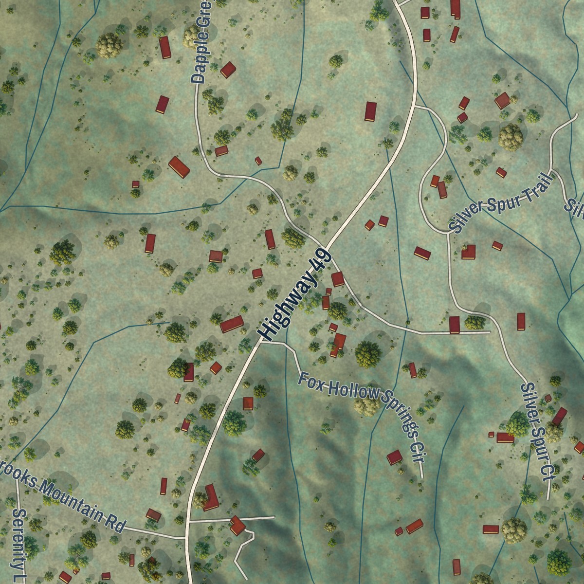 Second close-up of the map of Nipinnawasee, California print showing more streets and buildings