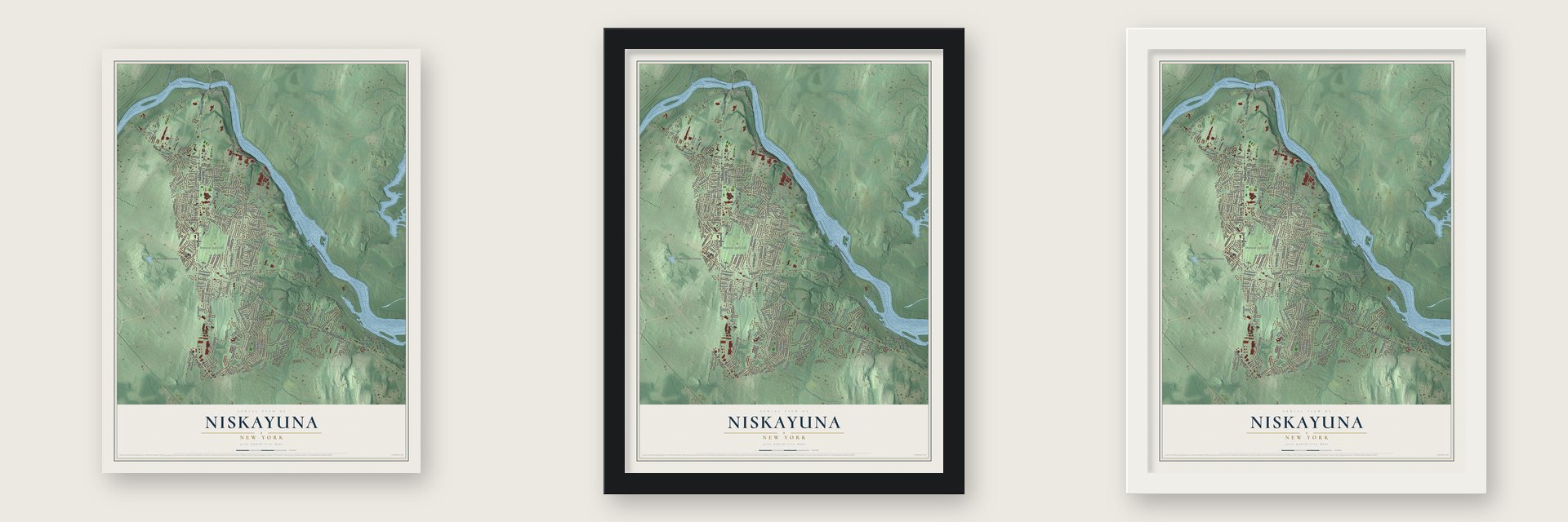 Niskayuna, New York map unframed, in a black wood frame and in a white wood frame