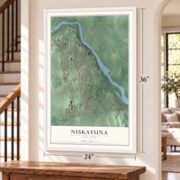 Niskayuna, New York map, 24 x 36 inch print in a white frame by a staircase