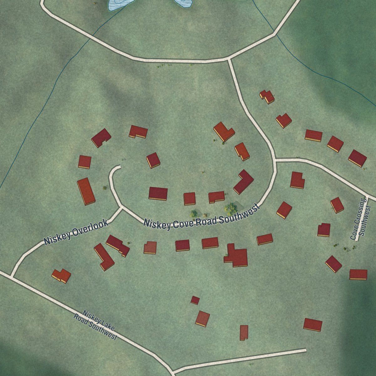 Second close-up of the map of Niskey Cove, Georgia print showing more streets and buildings