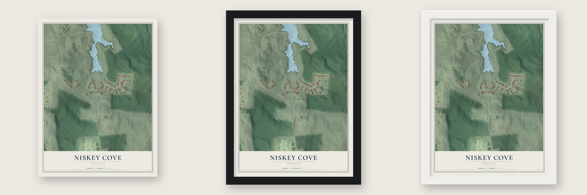 Niskey Cove, Georgia map unframed, in a black wood frame and in a white wood frame