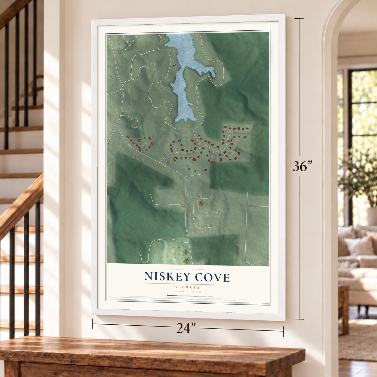 Niskey Cove, Georgia map, 24 x 36 inch print in a white frame by a staircase