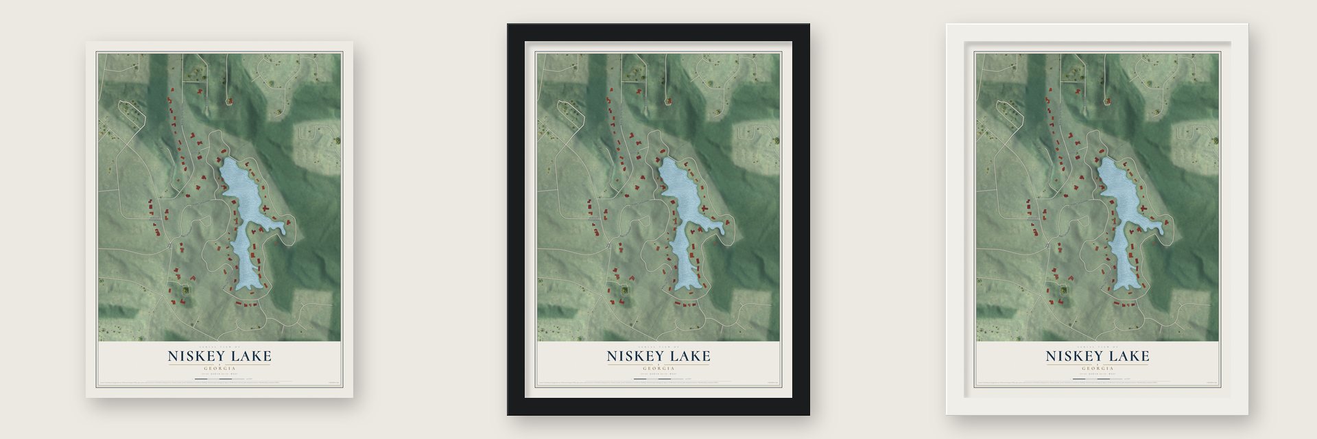 Niskey Lake, Georgia map unframed, in a black wood frame and in a white wood frame