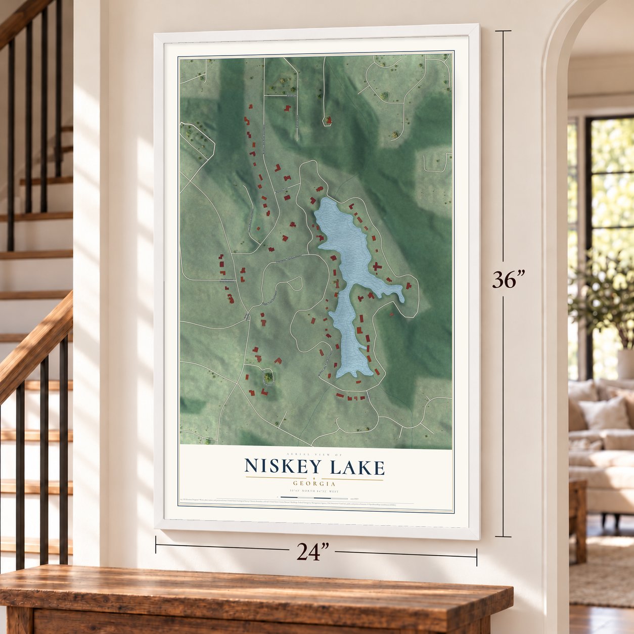 Niskey Lake, Georgia map, 24 x 36 inch print in a white frame by a staircase
