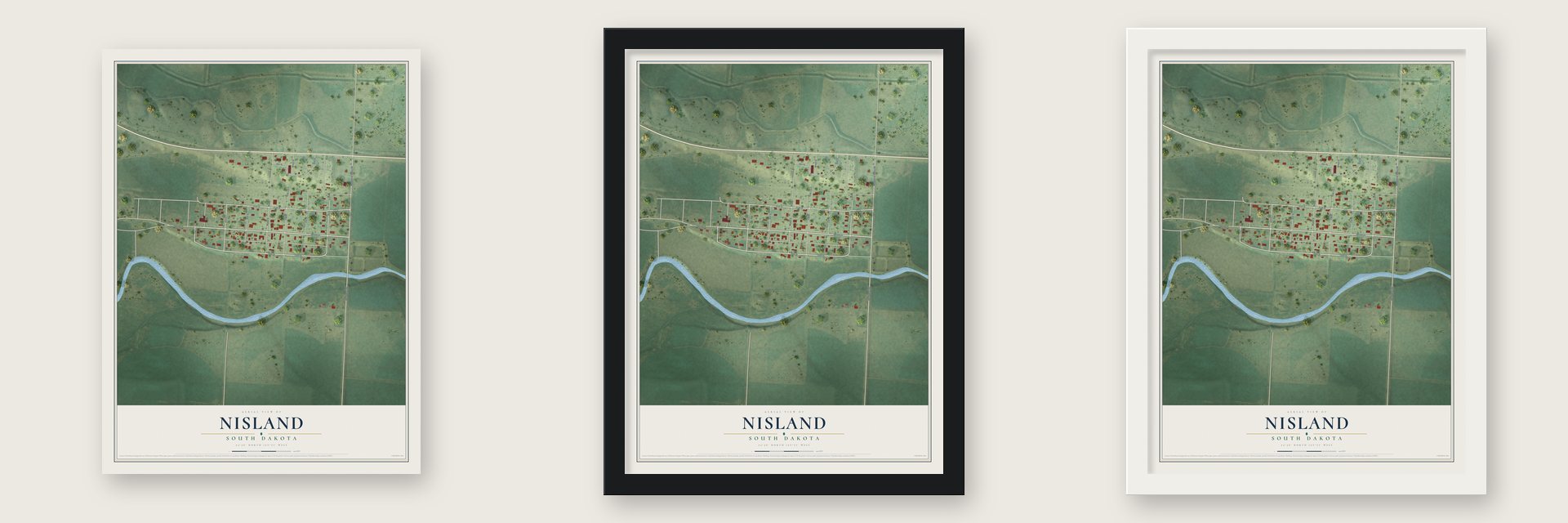 Nisland, South Dakota map unframed, in a black wood frame and in a white wood frame