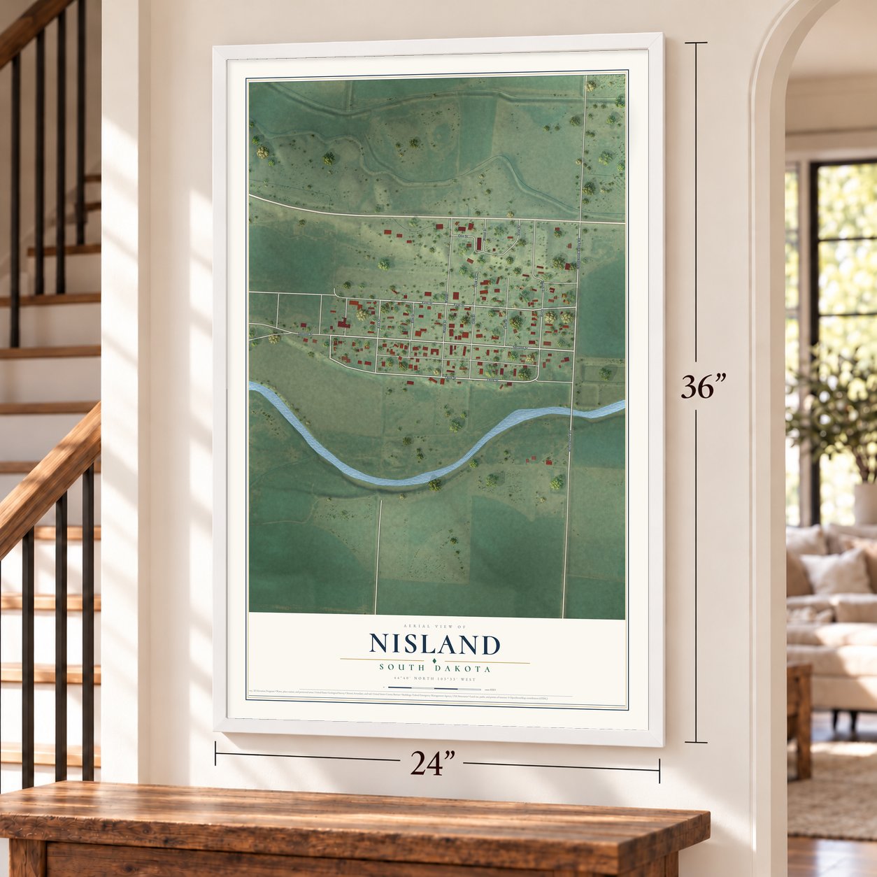 Nisland, South Dakota map, 24 x 36 inch print in a white frame by a staircase