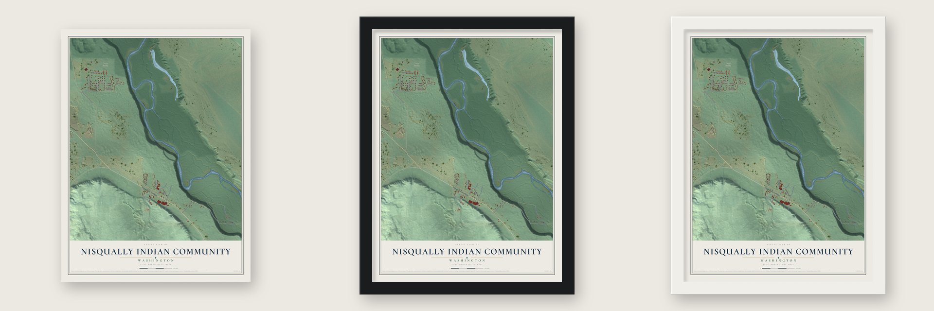 Nisqually Indian Community, Washington map unframed, in a black wood frame and in a white wood frame