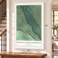 Nisqually Indian Community, Washington map, 24 x 36 inch print in a white frame by a staircase