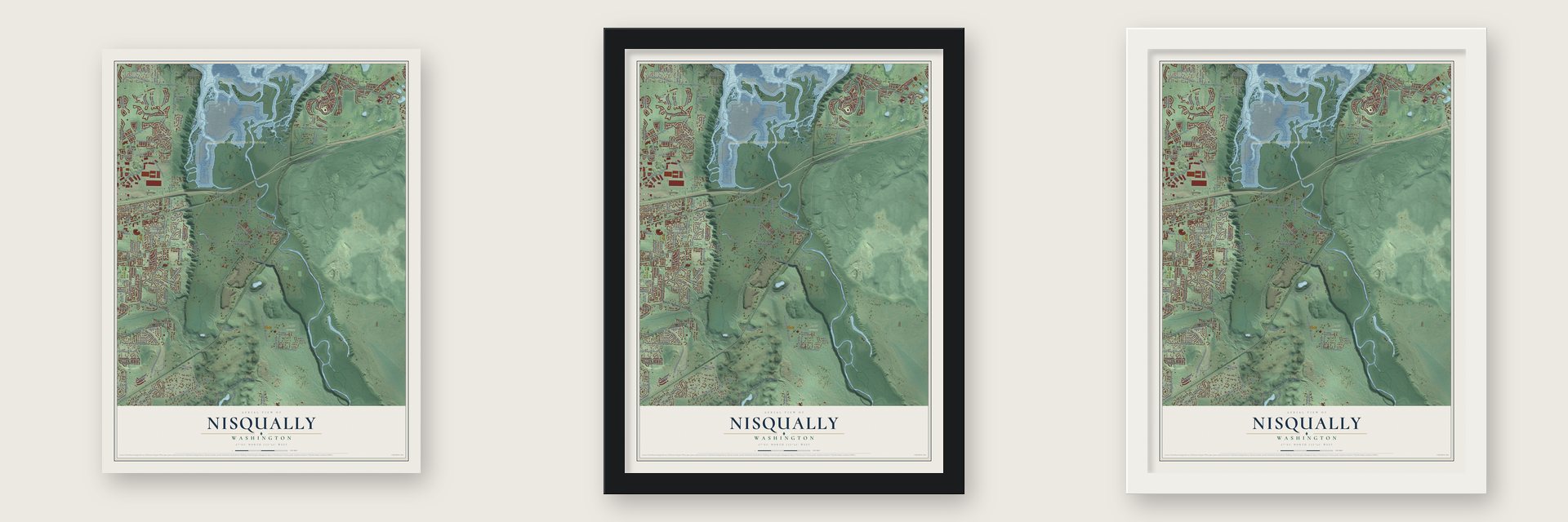 Nisqually, Washington map unframed, in a black wood frame and in a white wood frame