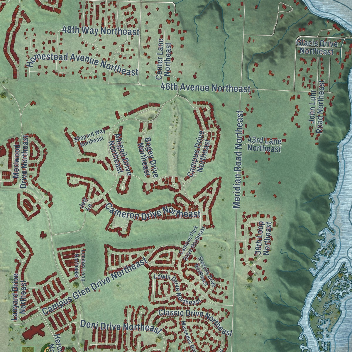 Second close-up of the map of Nisqually, Washington print showing more streets and buildings