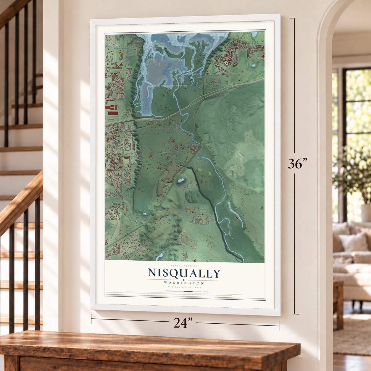 Nisqually, Washington map, 24 x 36 inch print in a white frame by a staircase