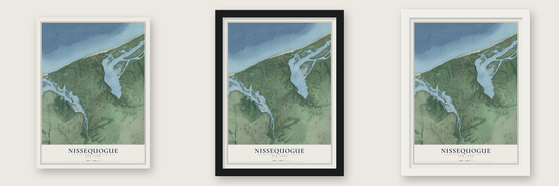 Nissequogue, New York map unframed, in a black wood frame and in a white wood frame