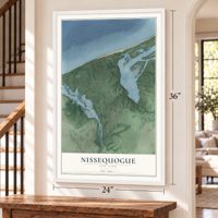 Nissequogue, New York map, 24 x 36 inch print in a white frame by a staircase