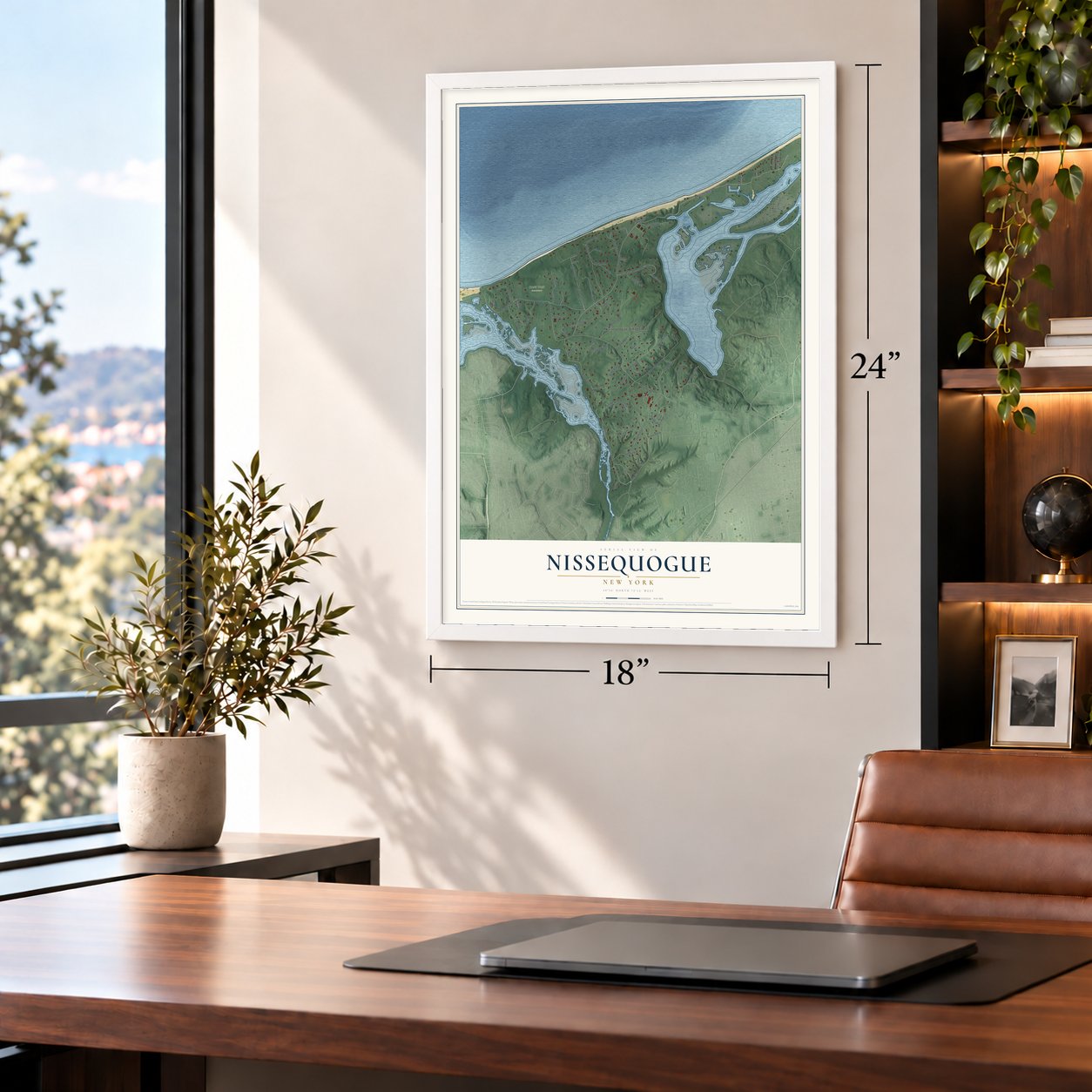 Nissequogue, New York map, 18 x 24 inch print in a white frame in a home office