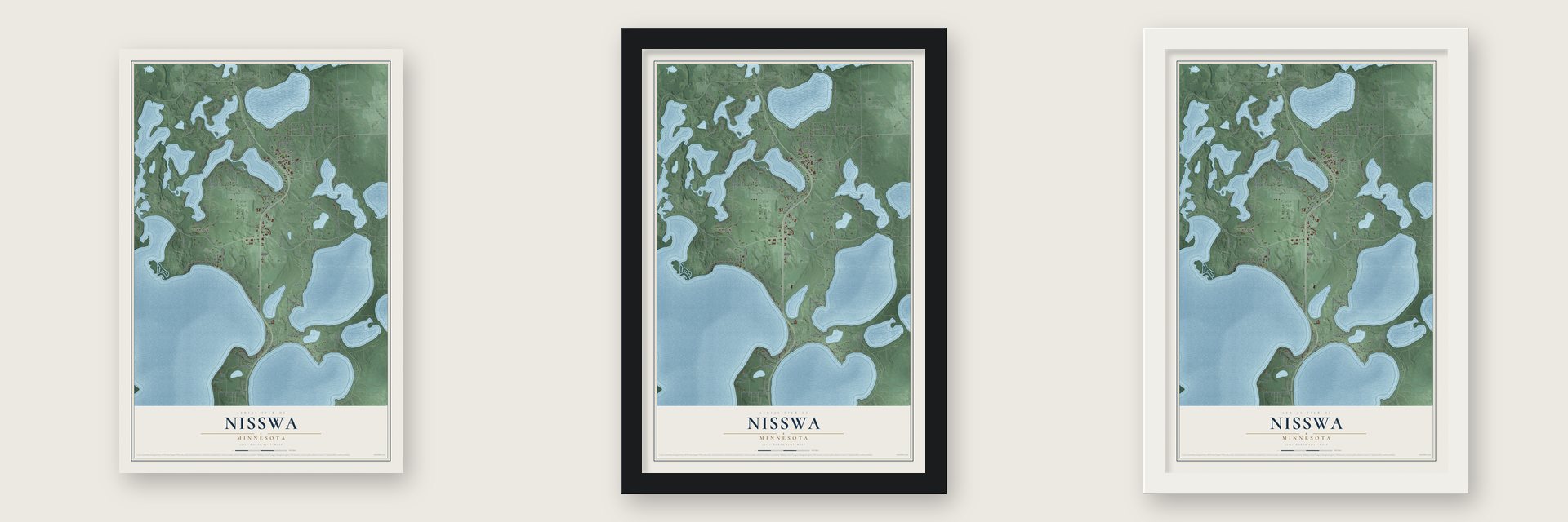 Nisswa, Minnesota map unframed, in a black wood frame and in a white wood frame
