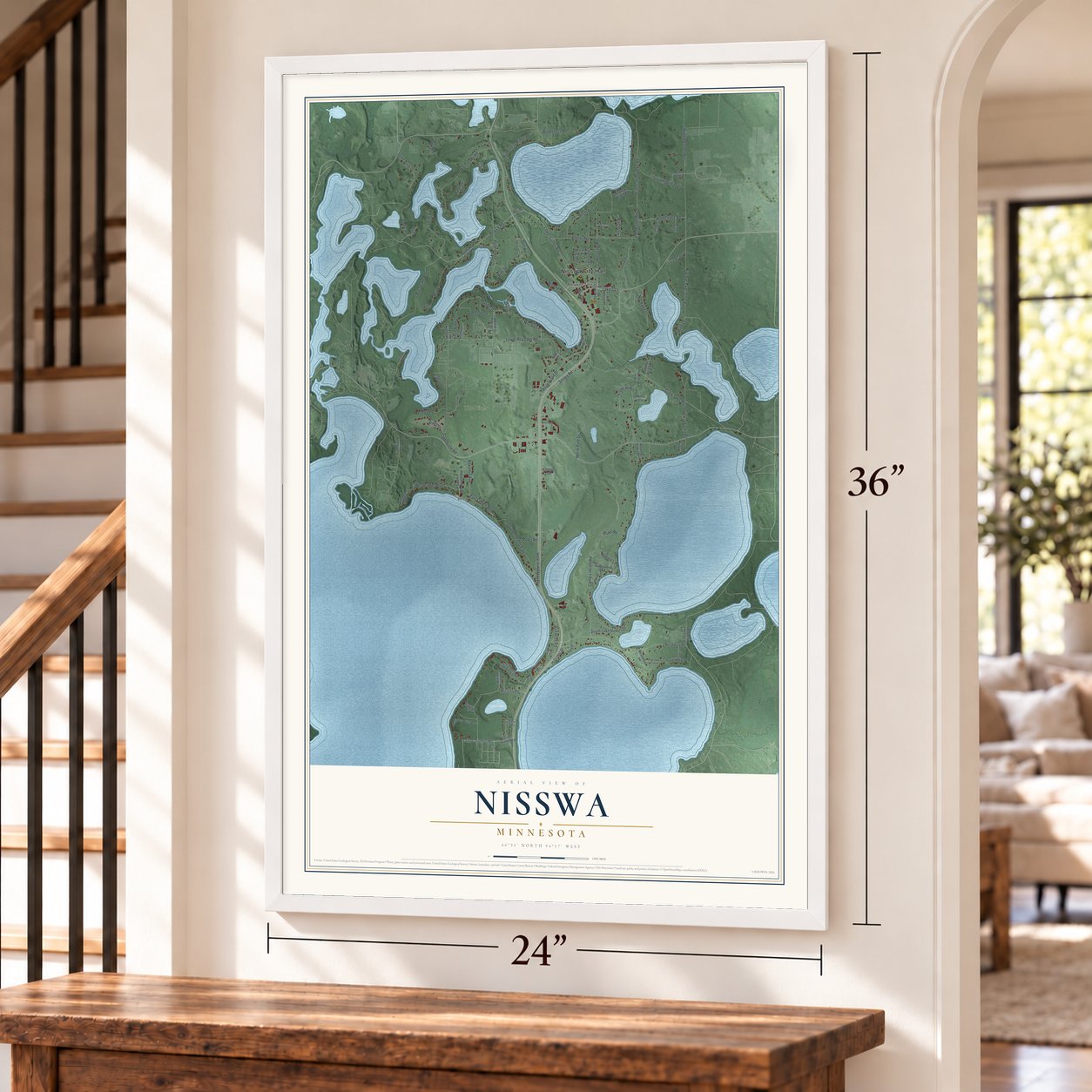 Nisswa, Minnesota map, 24 x 36 inch print in a white frame by a staircase