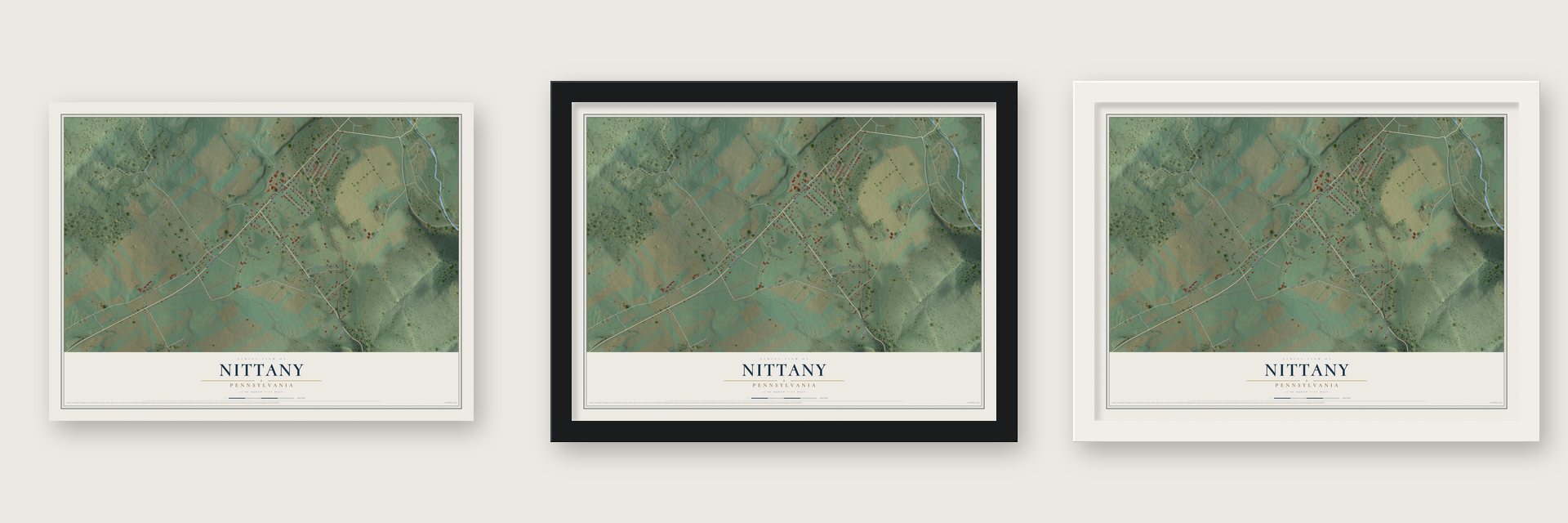 Nittany, Pennsylvania map unframed, in a black wood frame and in a white wood frame