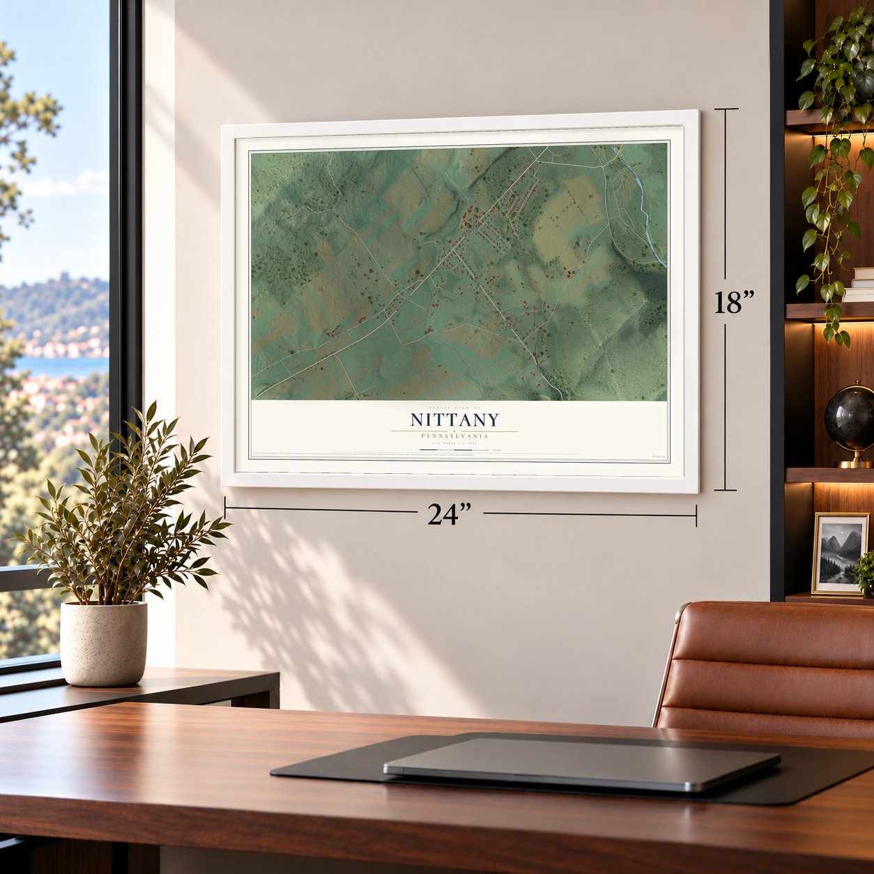 Nittany, Pennsylvania map, 18 x 24 inch print in a white frame in a home office