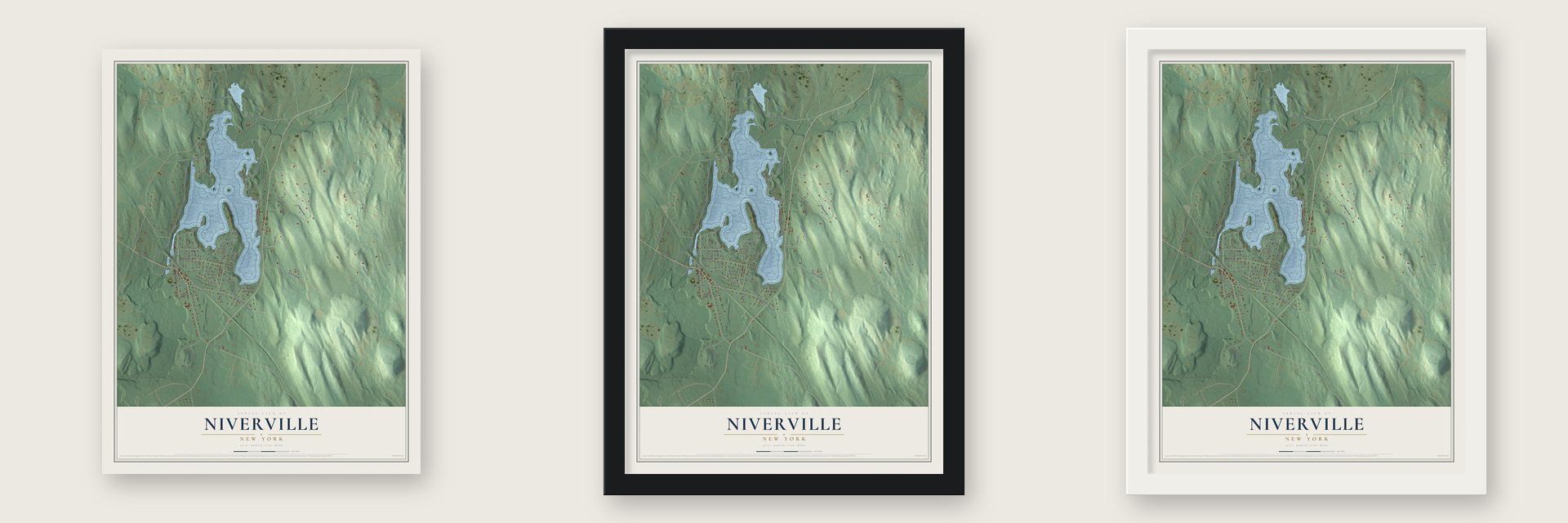 Niverville, New York map unframed, in a black wood frame and in a white wood frame