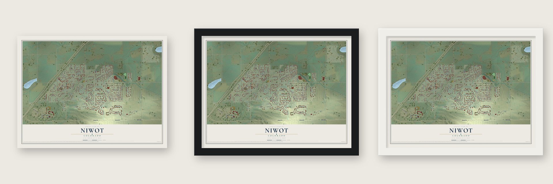 Niwot, Colorado map unframed, in a black wood frame and in a white wood frame