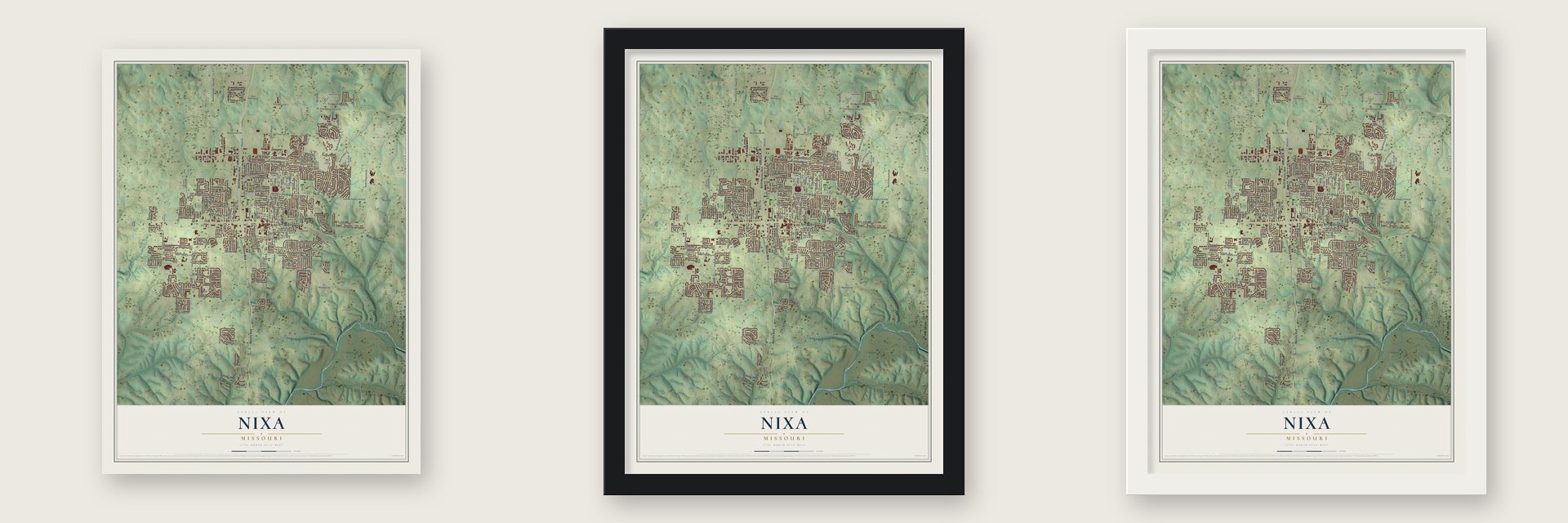 Nixa, Missouri map unframed, in a black wood frame and in a white wood frame