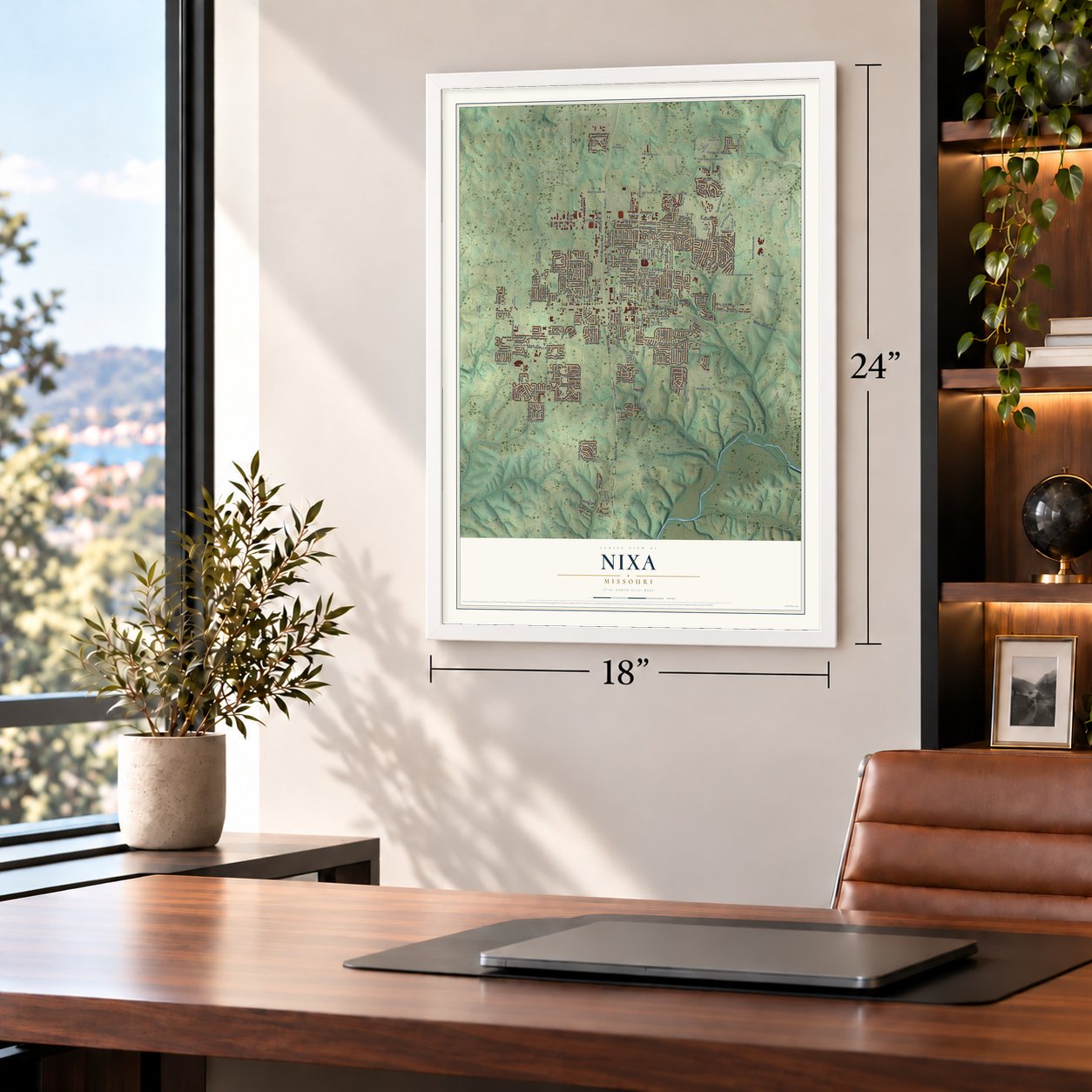Nixa, Missouri map, 18 x 24 inch print in a white frame in a home office
