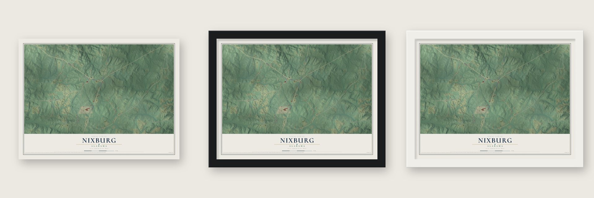 Nixburg, Alabama map unframed, in a black wood frame and in a white wood frame
