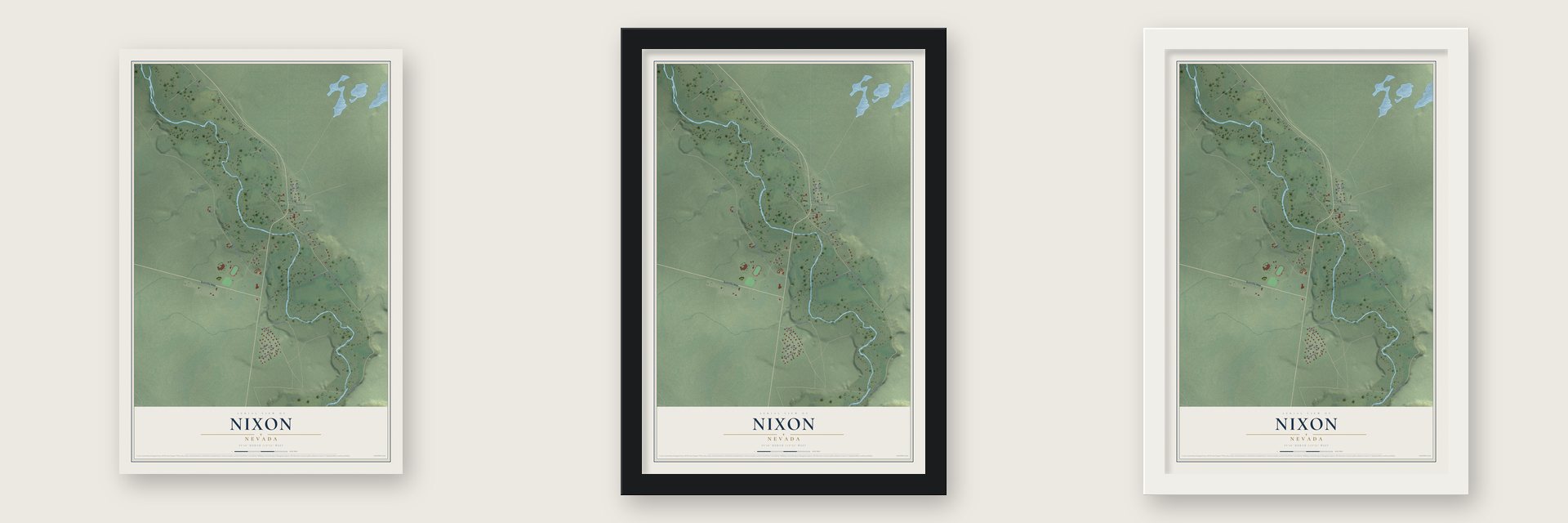 Nixon, Nevada map unframed, in a black wood frame and in a white wood frame