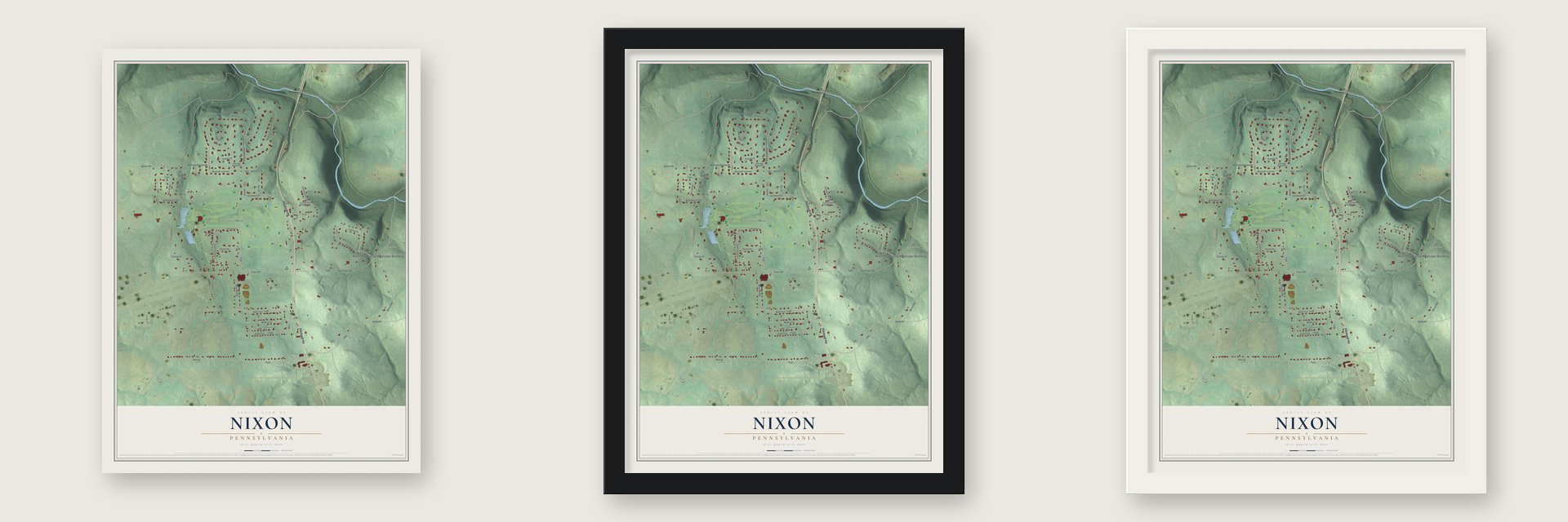 Nixon, Pennsylvania map unframed, in a black wood frame and in a white wood frame