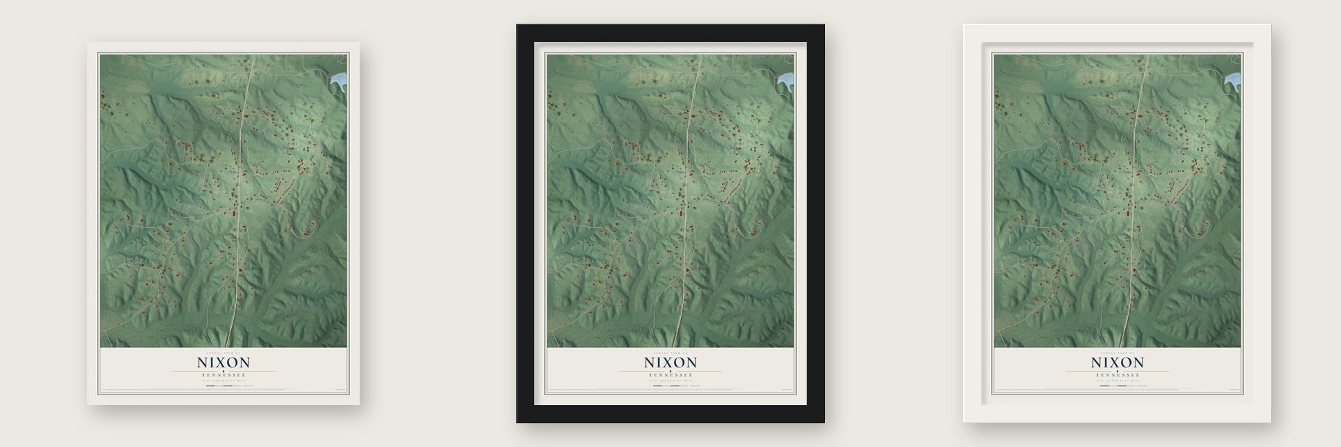 Nixon, Tennessee map unframed, in a black wood frame and in a white wood frame