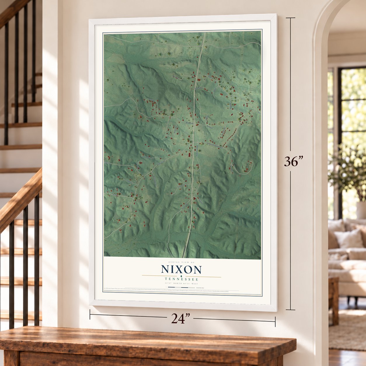 Nixon, Tennessee map, 24 x 36 inch print in a white frame by a staircase