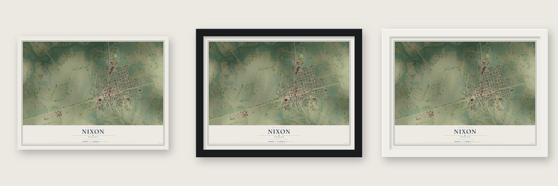 Nixon, Texas map unframed, in a black wood frame and in a white wood frame