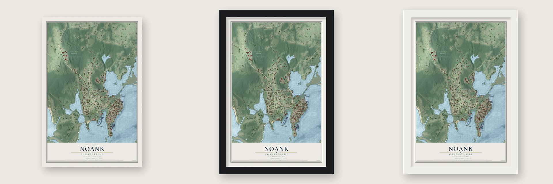 Noank, Connecticut map unframed, in a black wood frame and in a white wood frame