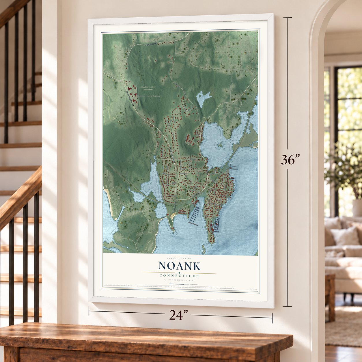 Noank, Connecticut map, 24 x 36 inch print in a white frame by a staircase