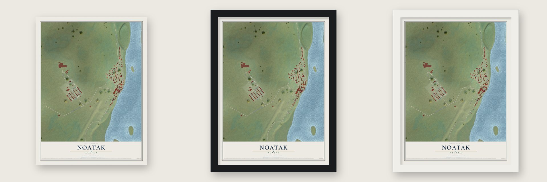 Noatak, Alaska map unframed, in a black wood frame and in a white wood frame