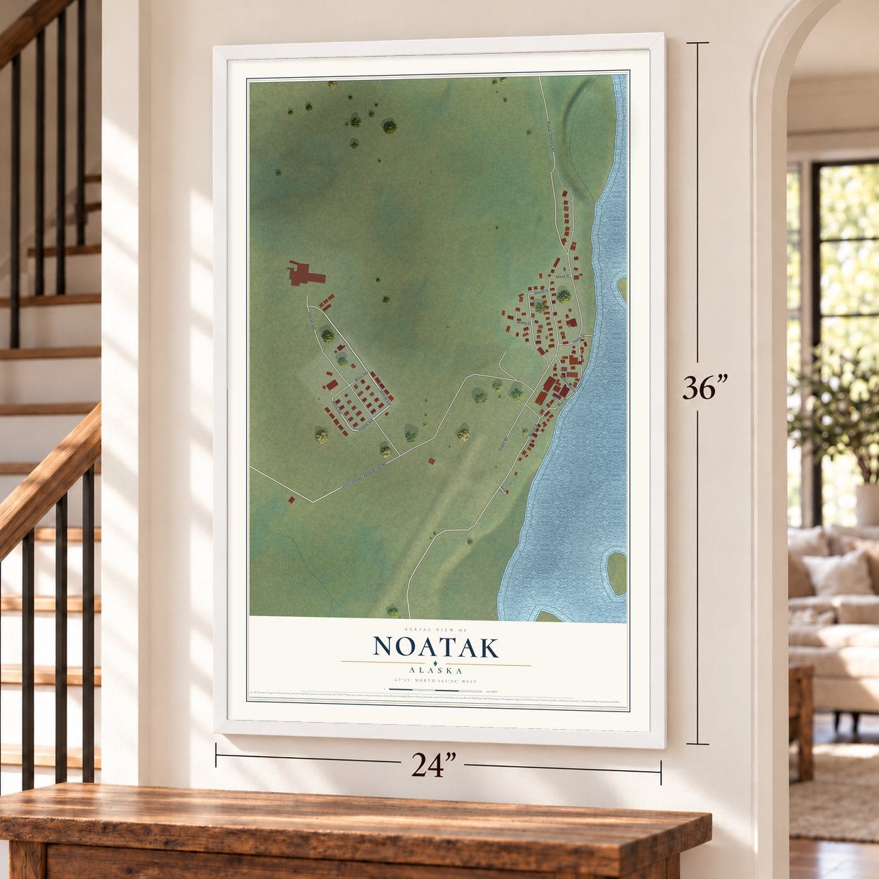 Noatak, Alaska map, 24 x 36 inch print in a white frame by a staircase