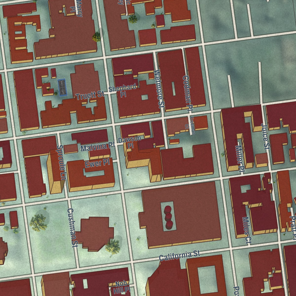 Second close-up of the map of Nob Hill, California print showing more streets and buildings