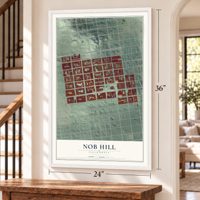 Nob Hill, California map, 24 x 36 inch print in a white frame by a staircase