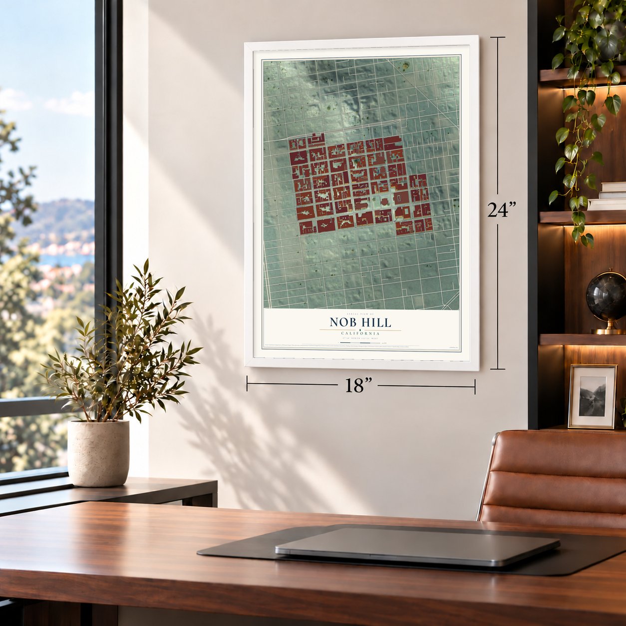 Nob Hill, California map, 18 x 24 inch print in a white frame in a home office