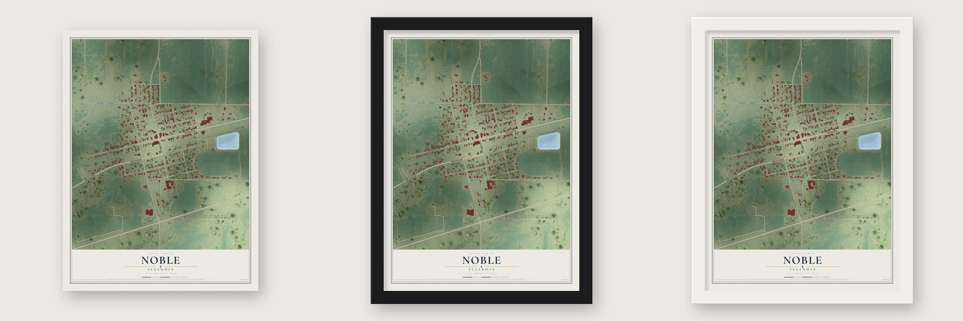 Noble, Illinois map unframed, in a black wood frame and in a white wood frame