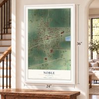 Noble, Illinois map, 24 x 36 inch print in a white frame by a staircase