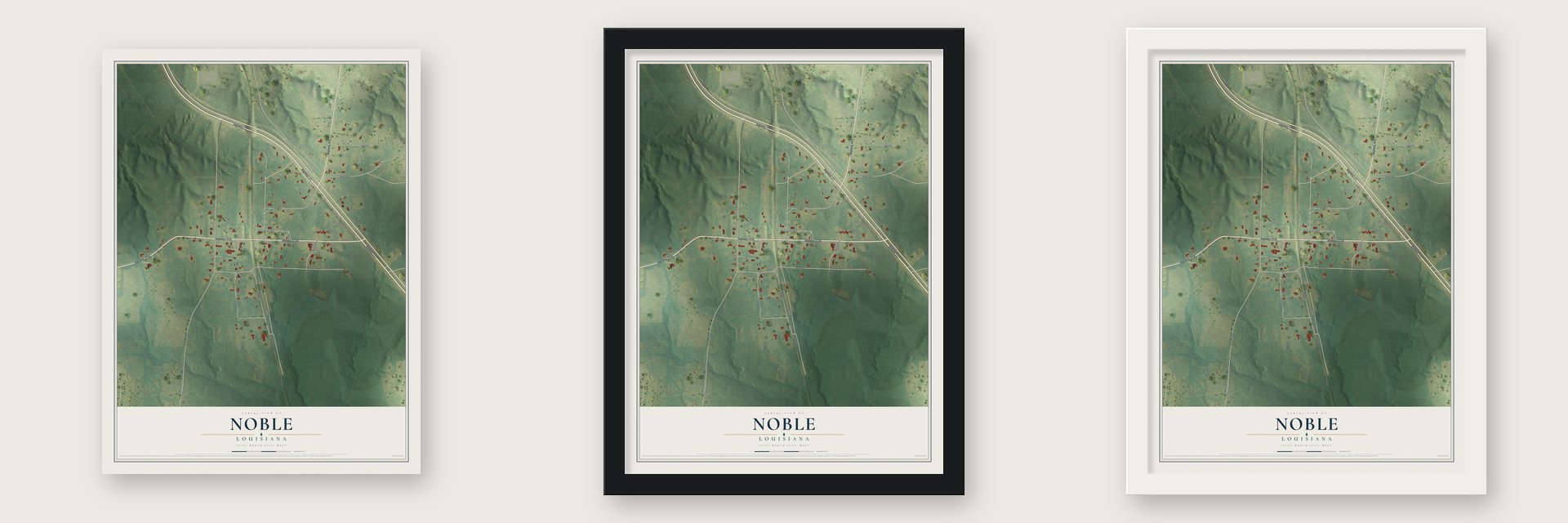 Noble, Louisiana map unframed, in a black wood frame and in a white wood frame