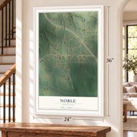 Noble, Louisiana map, 24 x 36 inch print in a white frame by a staircase