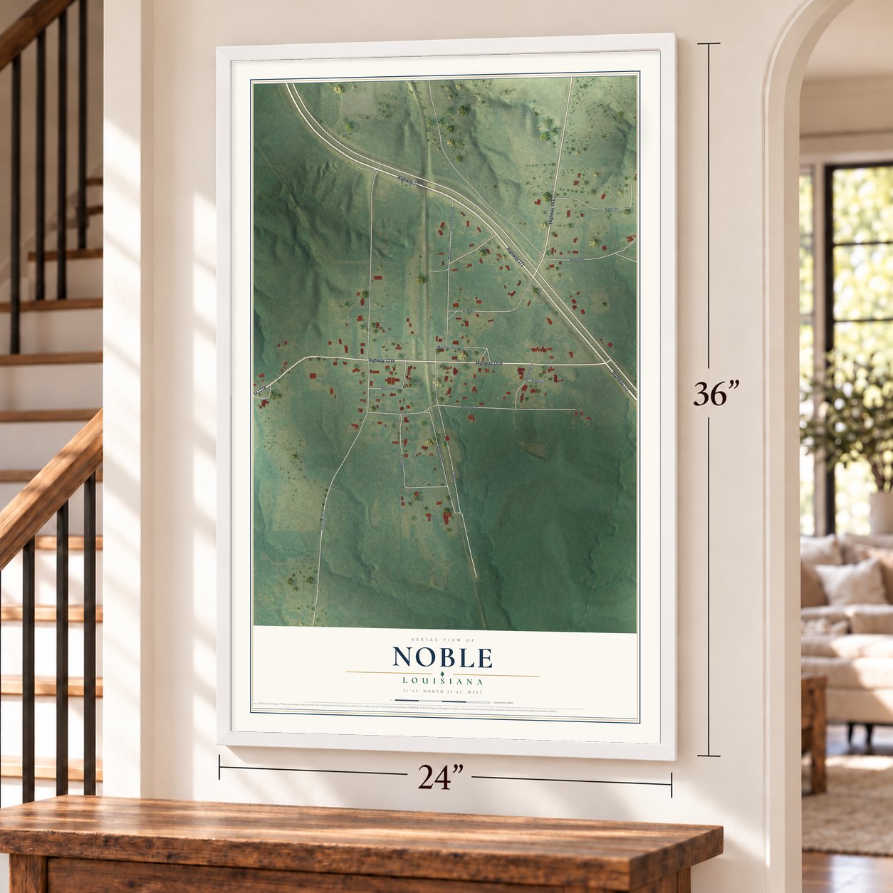 Noble, Louisiana map, 24 x 36 inch print in a white frame by a staircase